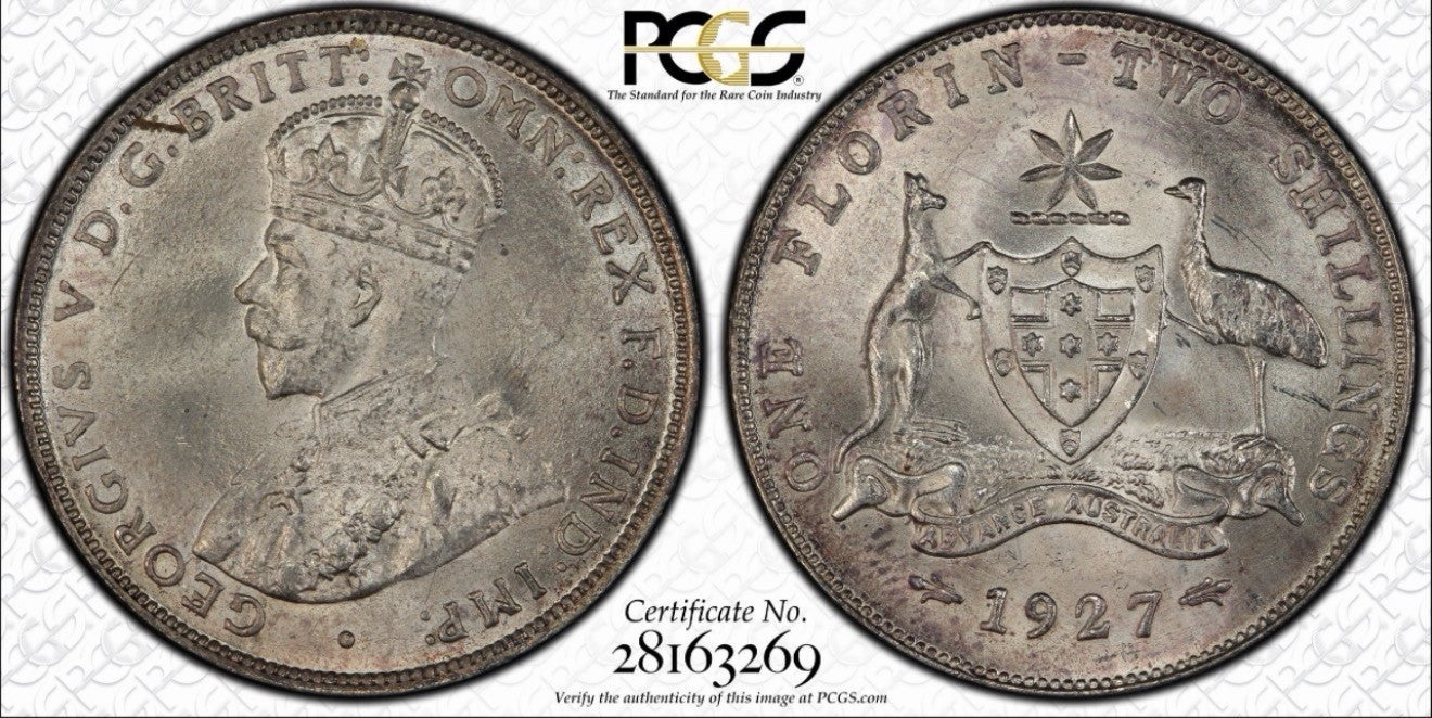 Australia 1927(m) Florin 2/- Two Shillings PCGS Graded MS64+ Plus Silver Coin
