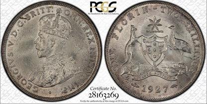 Australia 1927(m) Florin 2/- Two Shillings PCGS Graded MS64+ Plus Silver Coin