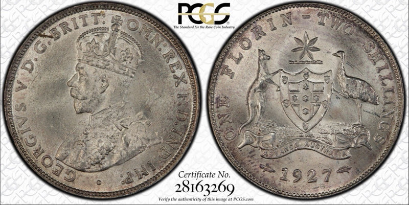Australia 1927(m) Florin 2/- Two Shillings PCGS Graded MS64+ Plus Silver Coin