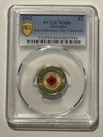 Australia 2012 $2 Two Dollars Remembrance Day Red Poppy PCGS Graded MS66 Coin
