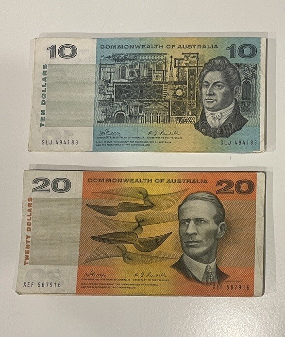 Commonwealth Of Australian $10 Ten & $20 Twenty Dollar Paper ONE OF EACH Circ 💸