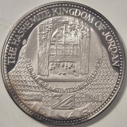 Jordan AH1389 1969 3/4 Dinar Hussein I 30g 0.999 Bethlehem Proof Silver Coin