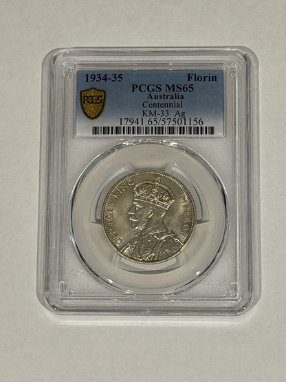Australia 1934-35 Melbourne Centenary Florin 2/- PCGS Graded MS65 Silver Coin