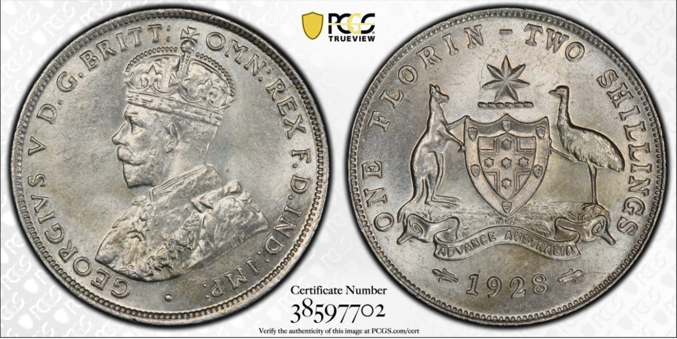 Australia 1928(m) Florin 2/- Two Shillings 92.5% Silver PCGS Graded MS64 Coin