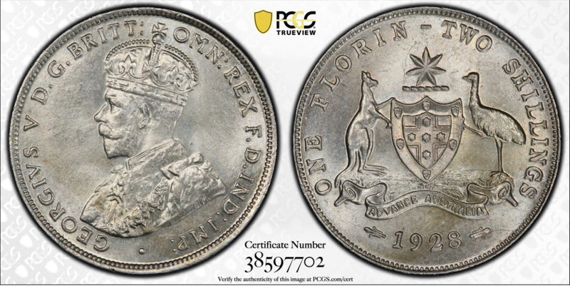 Australia 1928(m) Florin 2/- Two Shillings 92.5% Silver PCGS Graded MS64 Coin