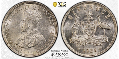 1926 Australian Sixpence 6d Brilliant Almost Uncirculated PCGS AU55 GEORGE V