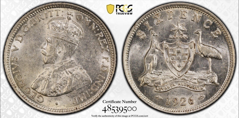 1926 Australian Sixpence 6d Brilliant Almost Uncirculated PCGS AU55 GEORGE V