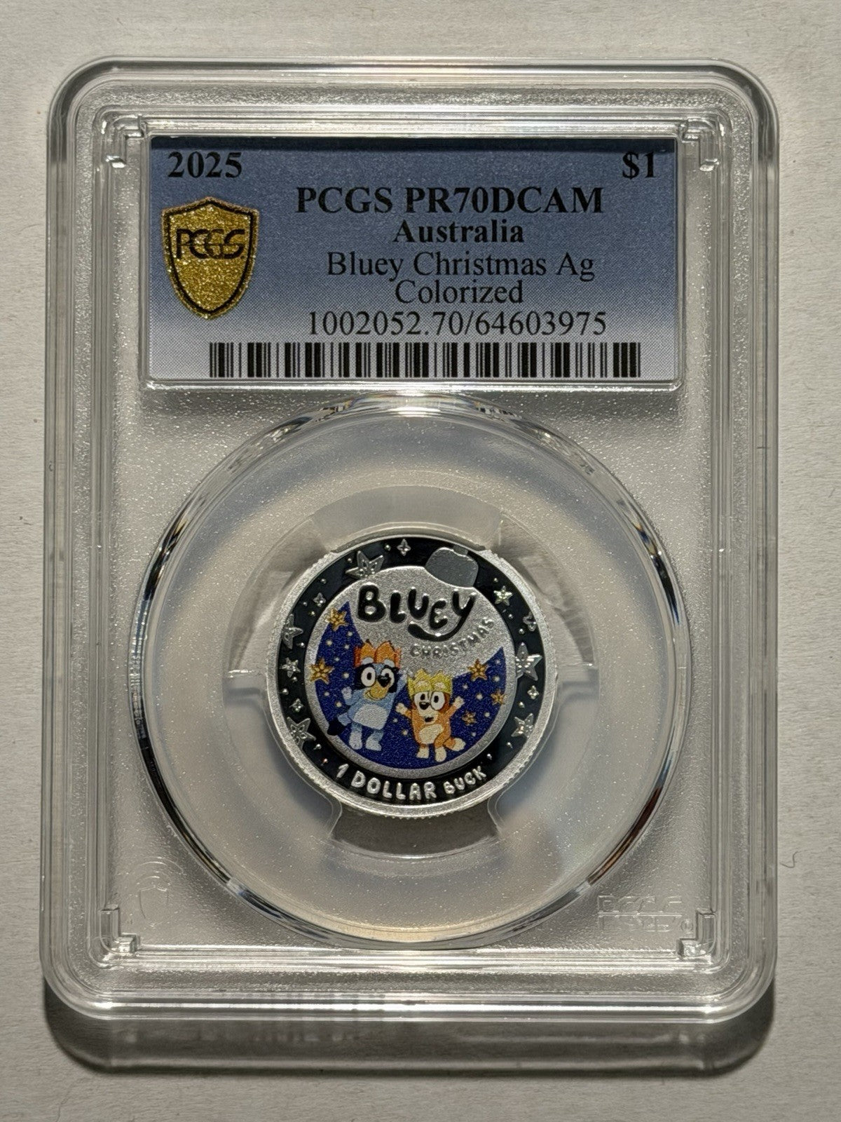 Australia 2025 $1 Bluey Christmas PCGS Graded PR70DCAM Coloured Silver Proof