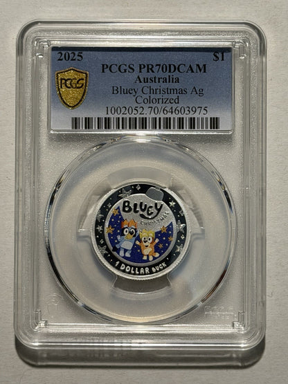 Australia 2025 $1 Bluey Christmas PCGS Graded PR70DCAM Coloured Silver Proof