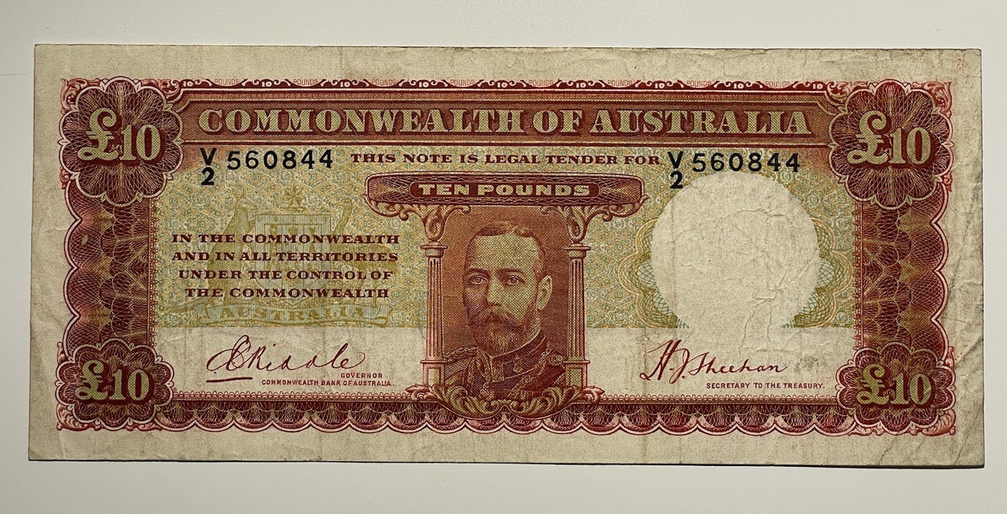Australia 1934 £10 Ten Pounds Riddle/Sheehan Paper Banknote R80 VF KGV