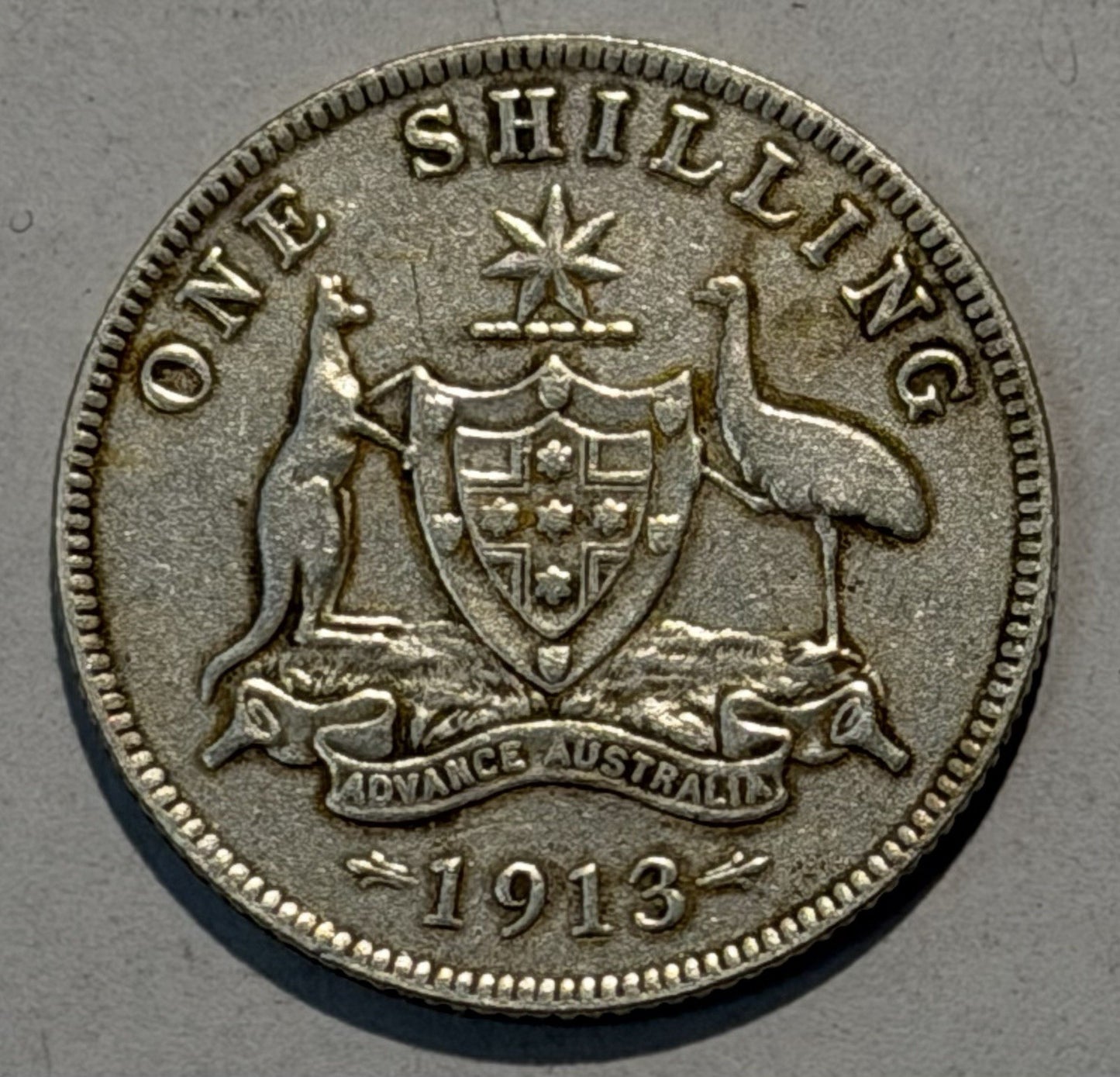 Australia 1913 One Shilling 1/- Fine F Silver Coin KGV