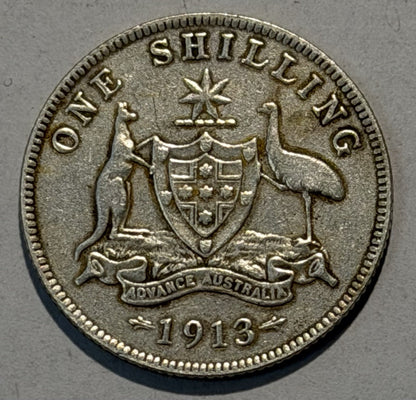Australia 1913 One Shilling 1/- Fine F Silver Coin KGV