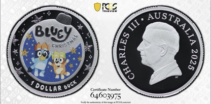 Australia 2025 $1 Bluey Christmas PCGS Graded PR70DCAM Coloured Silver Proof