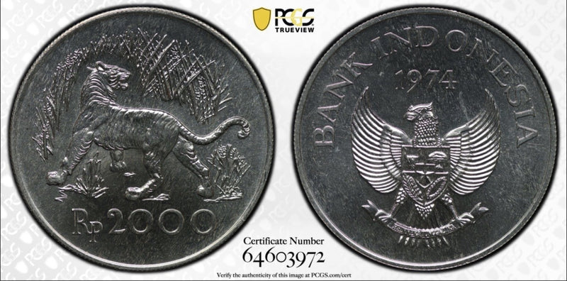 Indonesia 1974 2000Rp Rupiah Tiger PCGS Graded MS66 Silver (.500) Coin