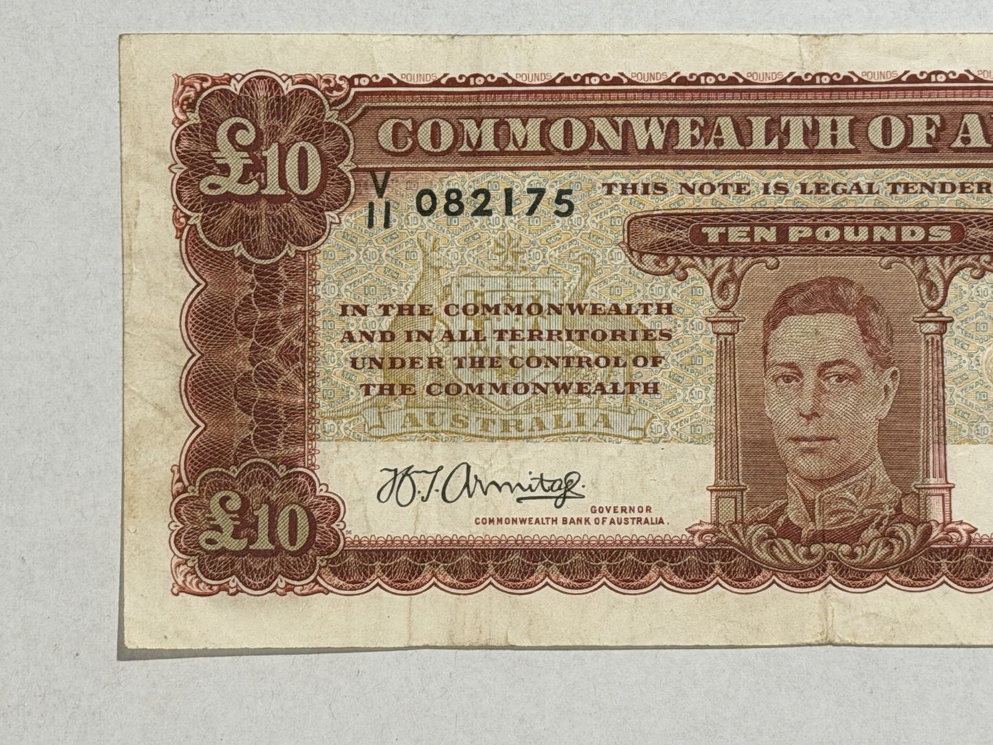 Australia 1943 £10 Ten Pound Armitage/McFarlane KGV Paper Banknote VF