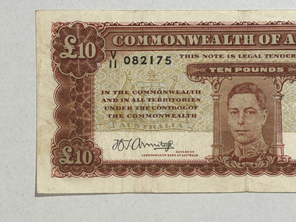 Australia 1943 £10 Ten Pound Armitage/McFarlane KGV Paper Banknote VF