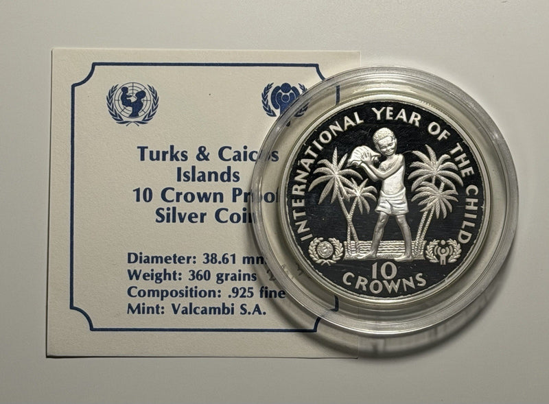 Turks & Caicos Islands 1982 10 Crowns Year of the Child Silver Proof Coin