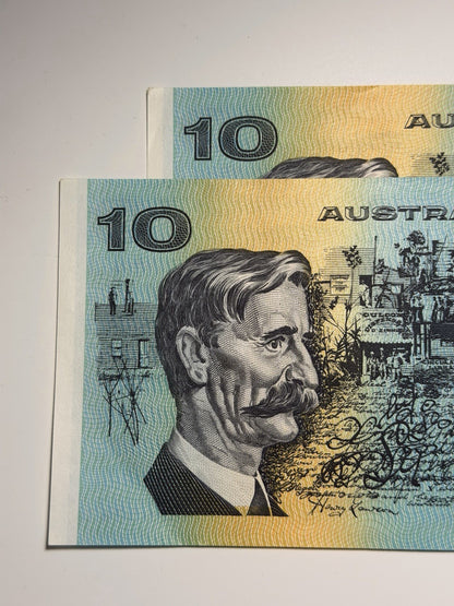 Consecutive Pair UNC Australia 1991 $10 Dollars Johnston/ Fraser Paper Banknote