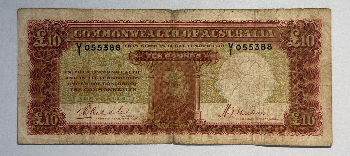Australia 1934 Ten Pound £10 Riddle/Sheehan Paper Banknote Very Good Tear