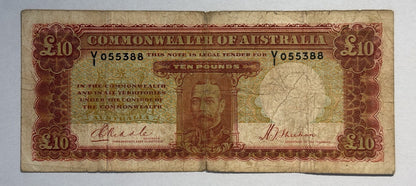 Australia 1934 Ten Pound £10 Riddle/Sheehan Paper Banknote Very Good Tear