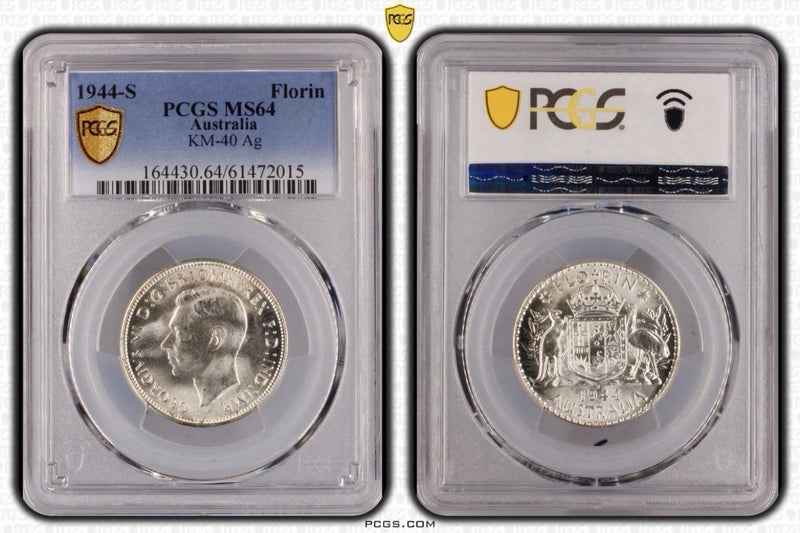 Australia 1944S Florin 2/- PCGS Graded MS64 UNC Silver Coin