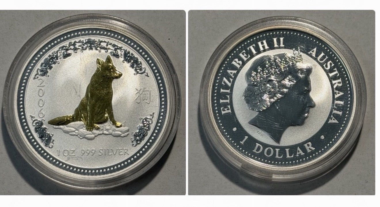 2006 Australia Perth Mint Lunar Gilded Dog 1oz $1 Series I Silver UNC Coin
