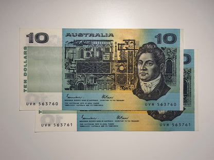 Consecutive Pair UNC Australia 1991 $10 Dollars Johnston/ Fraser Paper Banknote