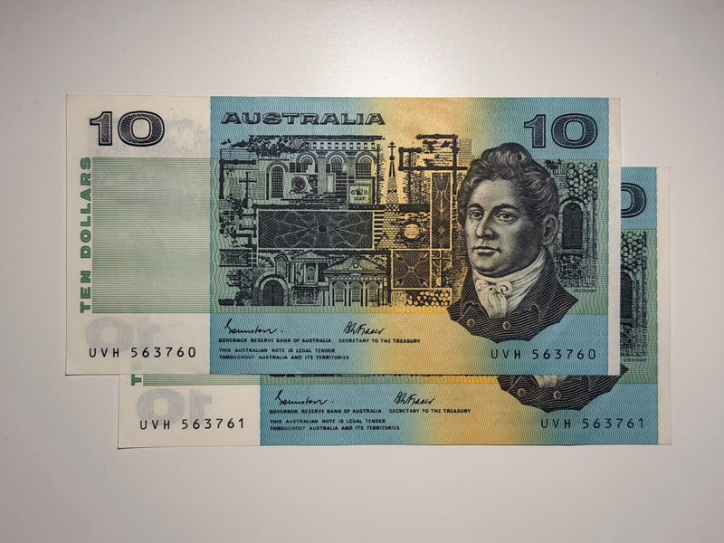Consecutive Pair UNC Australia 1991 $10 Dollars Johnston/ Fraser Paper Banknote