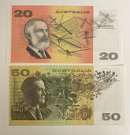 Australia $20 Twenty & $50 Fifty Dollar Paper Banknote ONE OF EACH Circ Pair 💸