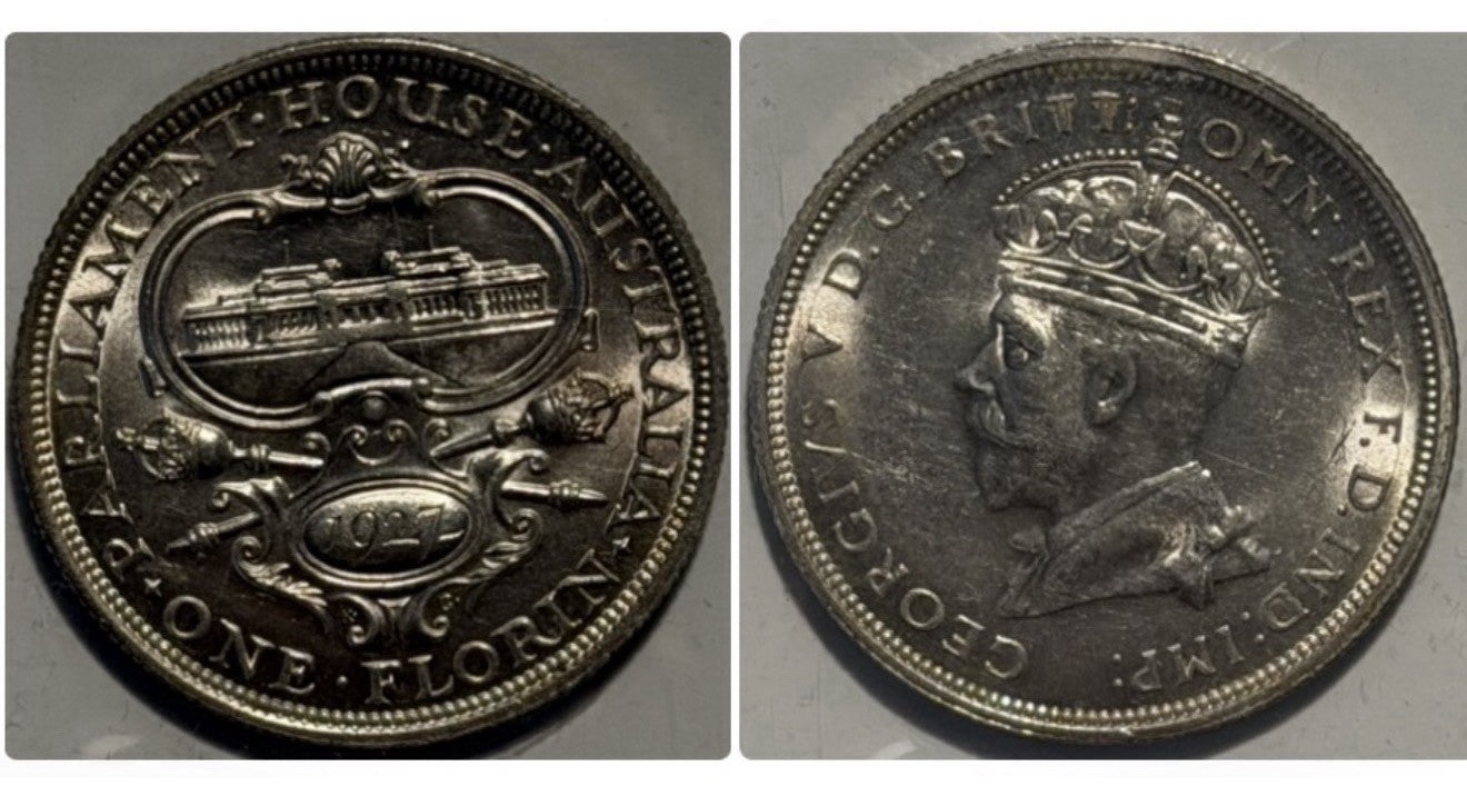 Australia aUNC 1927 Canberra Silver Florin 2/- Two Shillings Predecimal Coin (1927CanberraFlorinAU1)