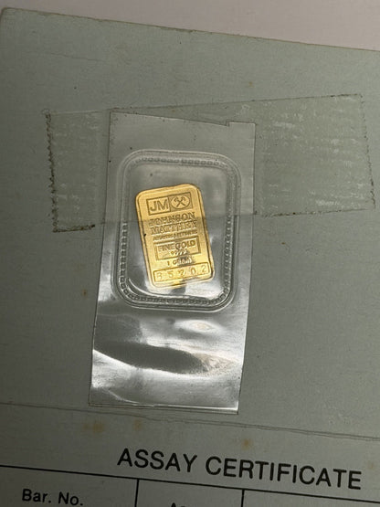 Johnson Matthey Limited 1982 Vintage 1g 999 Gold Bar w Assay Certificate Rare