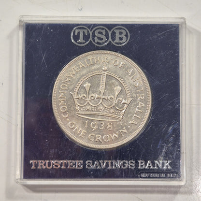 1938 Australia Crown 5/- Five Shillings Silver Coin Trustee Savings Bank Cased