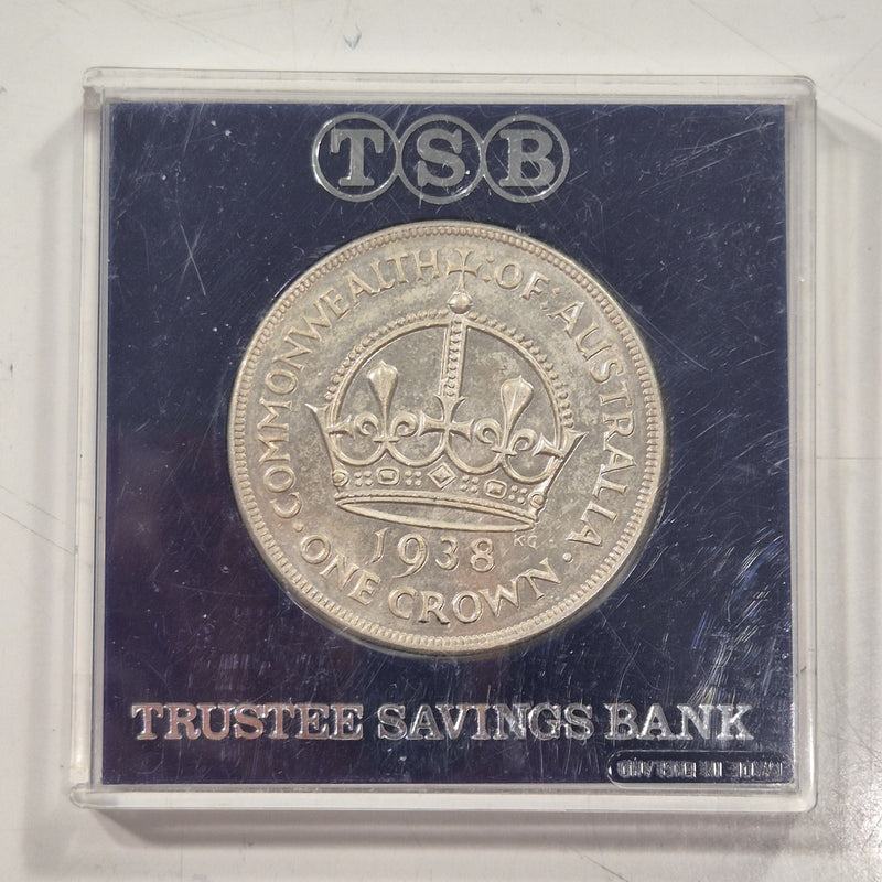1938 Australia Crown 5/- Five Shillings Silver Coin Trustee Savings Bank Cased