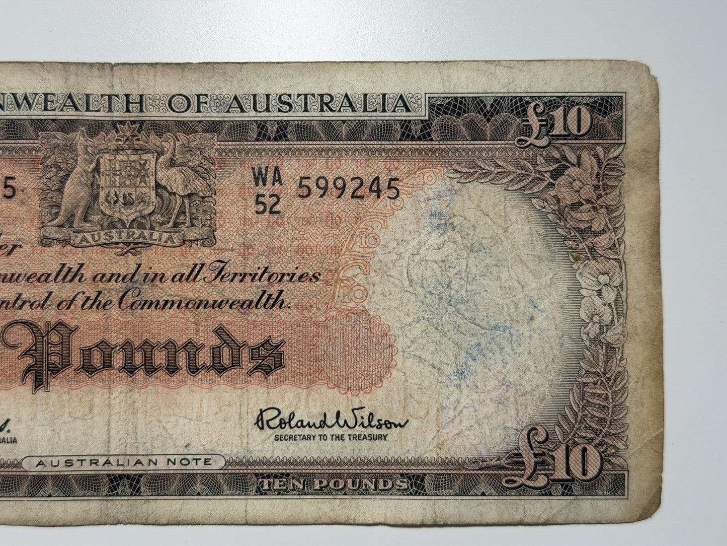 Australia 1960 £10 Ten Pound Coombs/Wilson Paper Banknote Incomplete Body Good