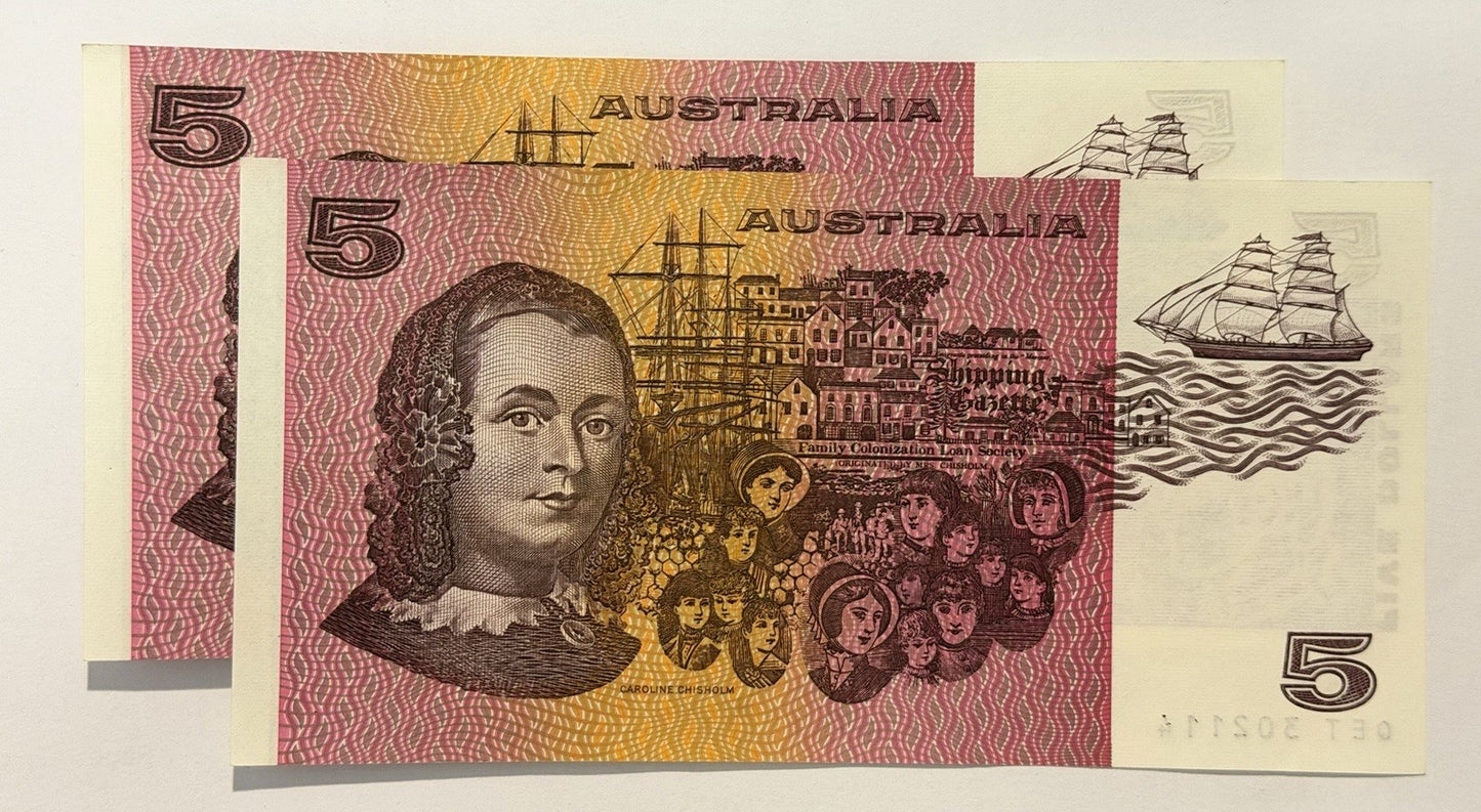 Consecutive Pair UNC Australia 1990 $5 Dollars Fraser/Higgins Paper Banknote