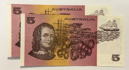 Consecutive Pair UNC Australia 1990 $5 Dollars Fraser/Higgins Paper Banknote
