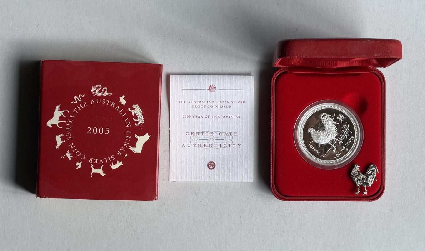 2005 Australia Perth Mint Lunar Rooster 1oz $1 Series I Silver Proof Coin