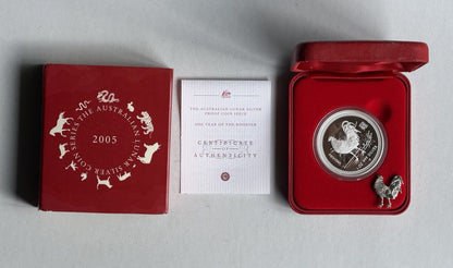 2005 Australia Perth Mint Lunar Rooster 1oz $1 Series I Silver Proof Coin