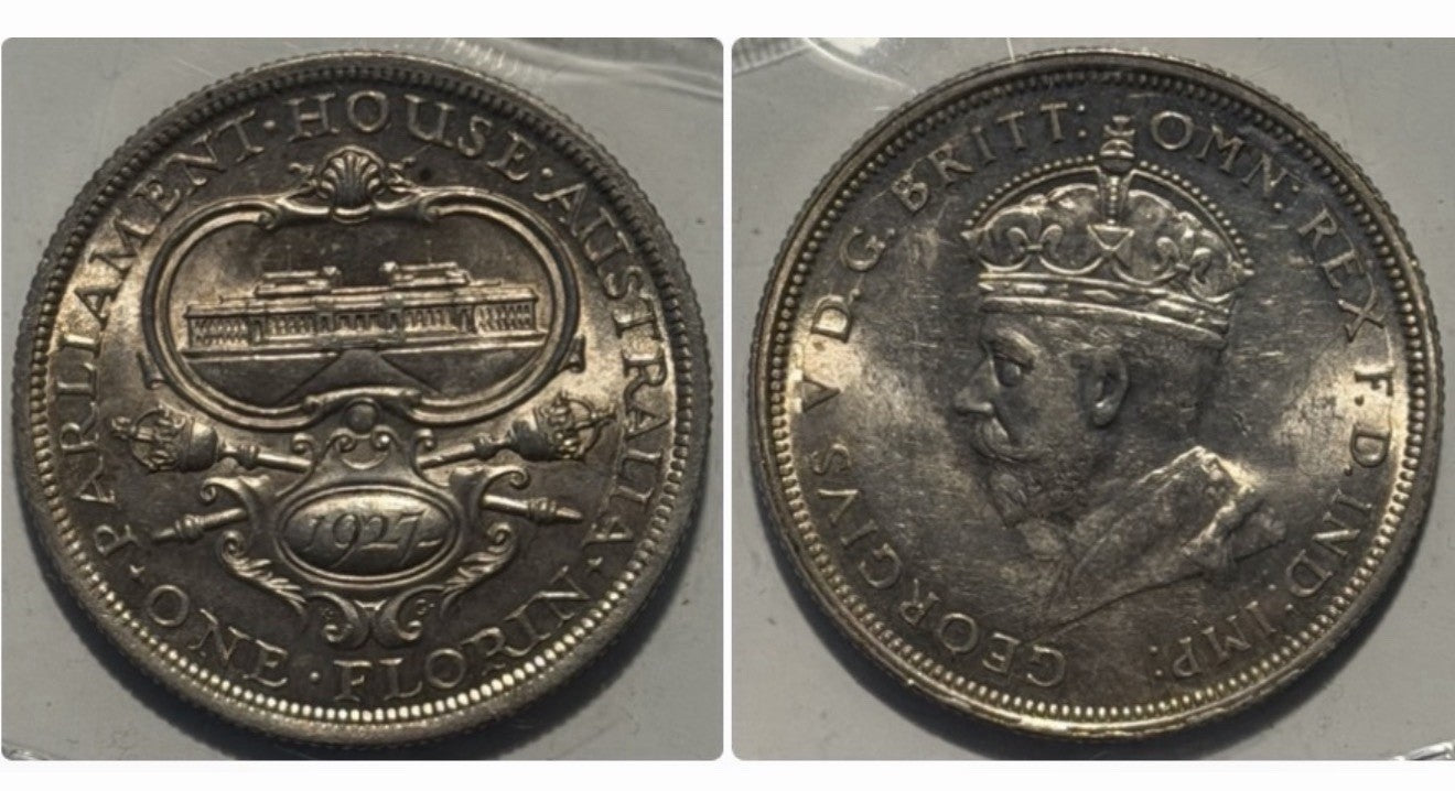 Australia aUNC 1927 Canberra Silver Florin 2/- Two Shillings Predecimal Coin (1927CanberraFlorinAU2)