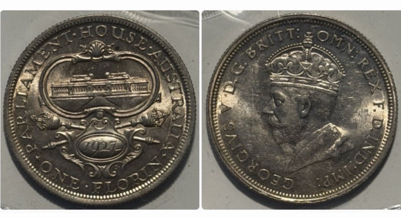 Australia aUNC 1927 Canberra Silver Florin 2/- Two Shillings Predecimal Coin (1927CanberraFlorinAU2)