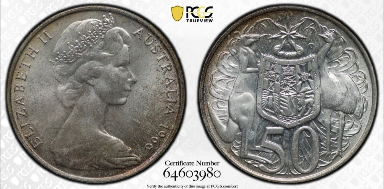 Australia 1966 Round 50c Fifty Cent PCGS Graded MS66 GEM 80% Silver Coin