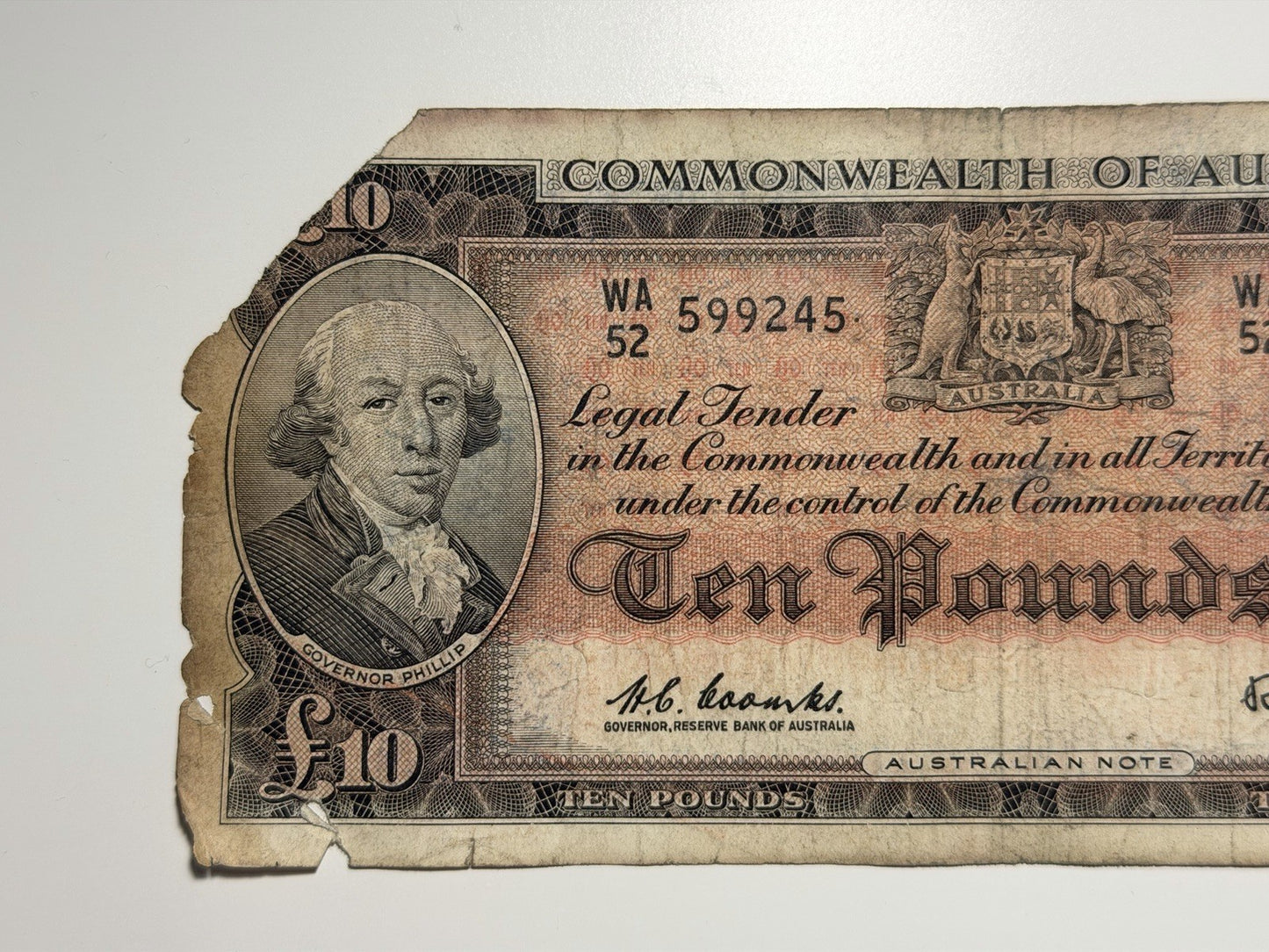 Australia 1960 £10 Ten Pound Coombs/Wilson Paper Banknote Incomplete Body Good