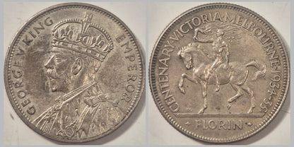 Australia 1934-35 Melbourne Centenary Florin 2/- Silver Coin EF Low Mintage