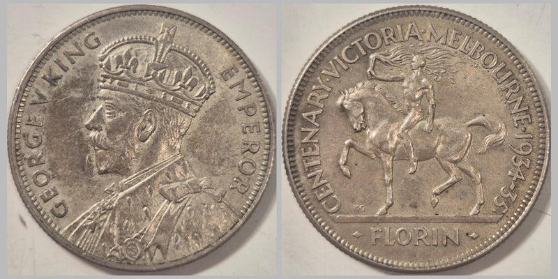 Australia 1934-35 Melbourne Centenary Florin 2/- Silver Coin EF Low Mintage