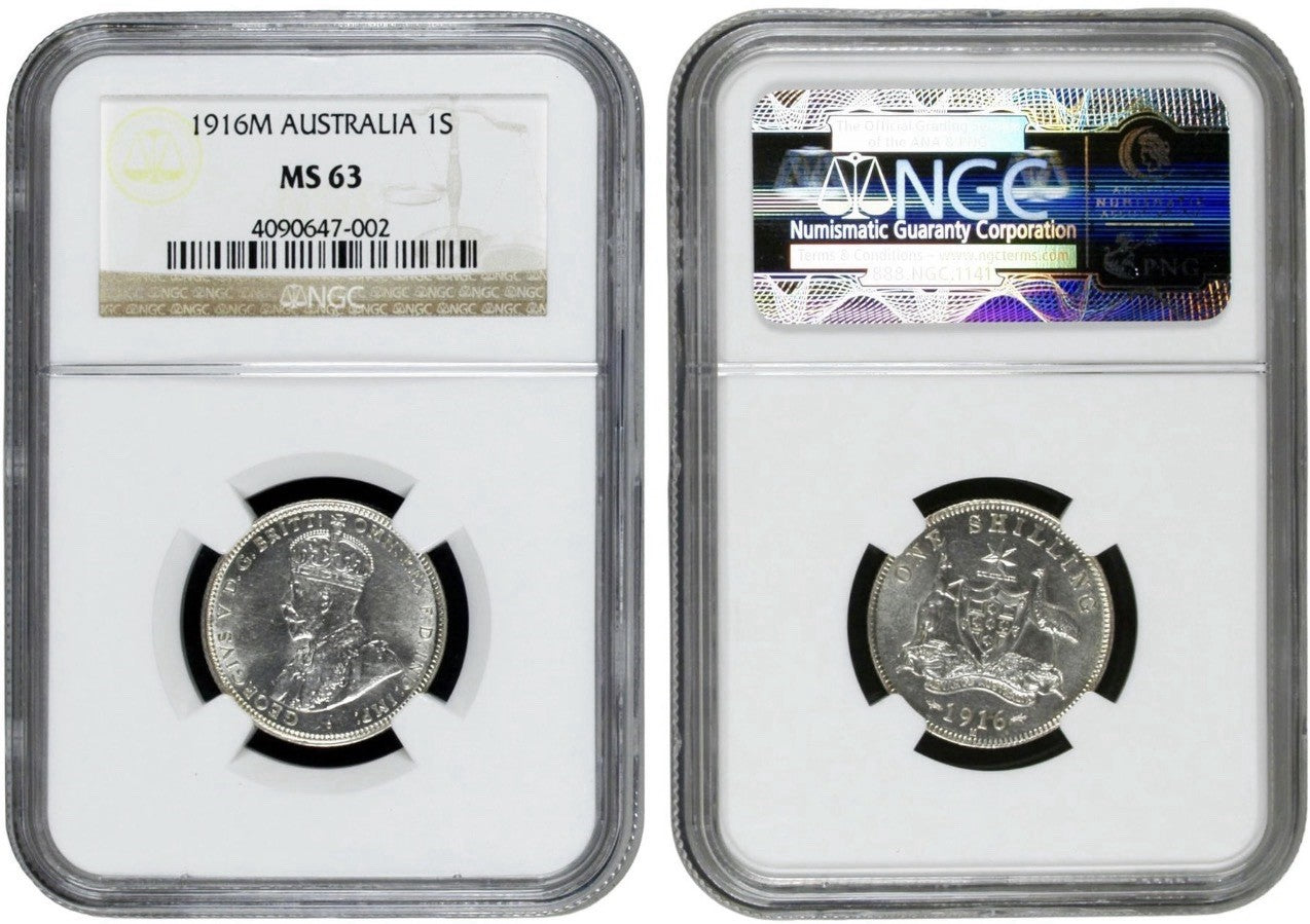 Australia 1916 One Shilling 1/- NGC Graded MS63 KGV UNC Silver Coin