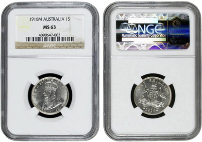 Australia 1916 One Shilling 1/- NGC Graded MS63 KGV UNC Silver Coin