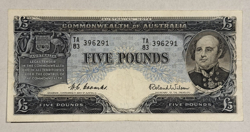 Commonwealth of Australia 1961 £5 Five Pound Coombs/Wilson Paper Banknote VF
