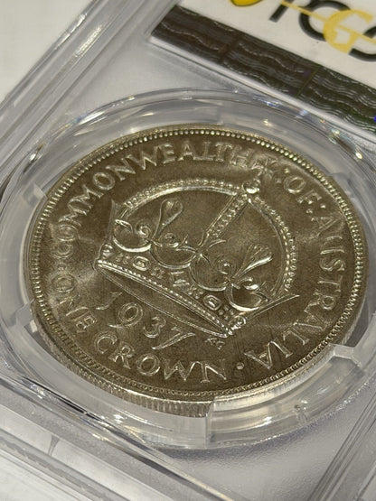 Australia 1937 Crown 5/- Five Shillings PCGS Graded MS63 Large Silver Coin