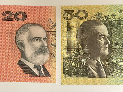Australia $20 Twenty & $50 Fifty Dollar Paper Banknote ONE OF EACH Circ Pair 💸