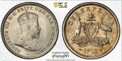 Australia 1910 3d Threepence PCGS Graded MS66 GEM Silver Coin
